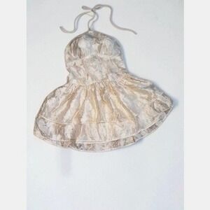 Cider Champagne Beige Jacquard Halter Mini Dress Double Ruffle Skirt Large NWT
